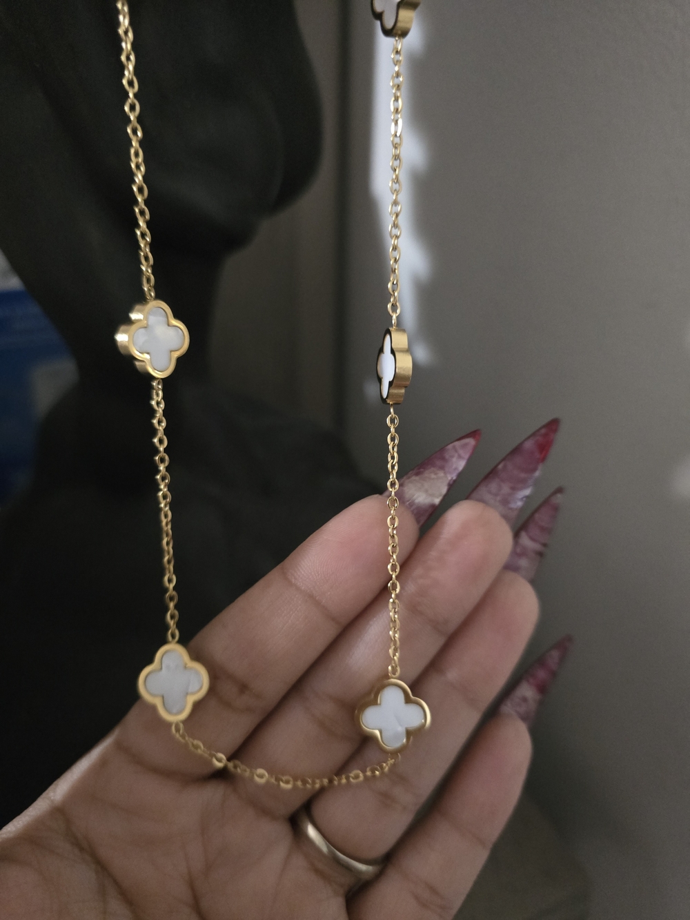 Gold Long Clover Motif Necklace with White Inlay - Picture 2 of 3